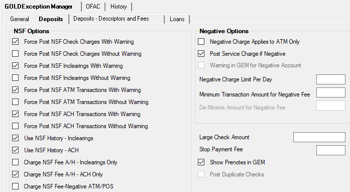 GOLD Services > Institution Options Screen> GOLD ExceptionManager > Deposits Tab