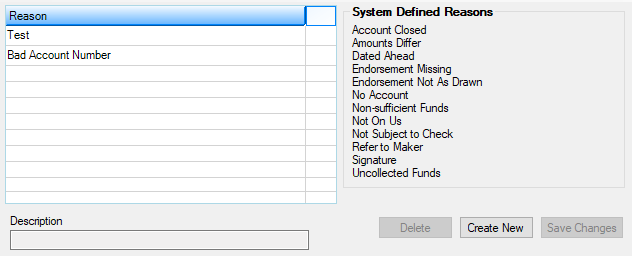 GOLD Services > GOLD ExceptionManager > Administrative > Charge Back Reasons Screen