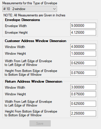 GOLD Services > GOLD ExceptionManager > Administrative > Envelope Measurements Screen