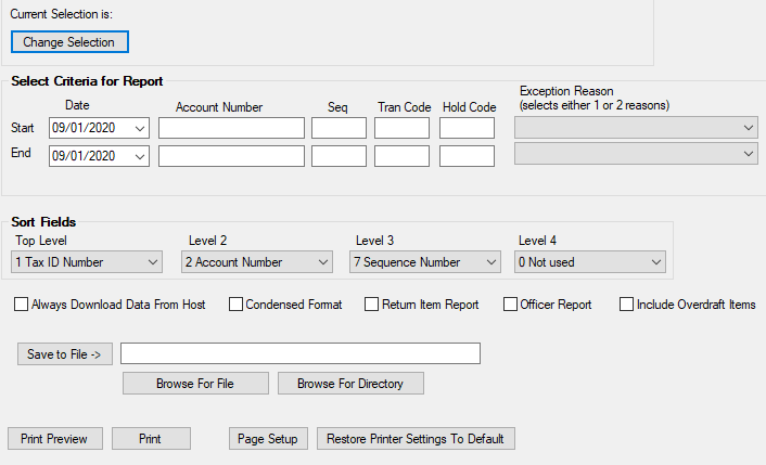 GOLD Services > GOLD ExceptionManager> Print Reports > Exceptions Screen