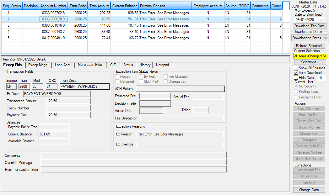 GOLD Services > GOLD ExceptionManager > Process Exception Items Screen