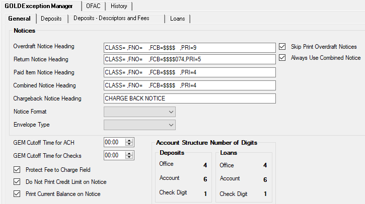 GOLD Services > Institution Options Screen