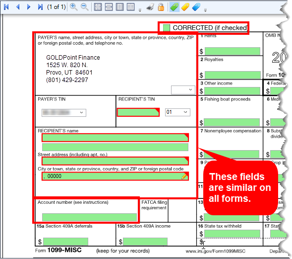 Sample of Form 1099-INT. The highlighted fields in red are found on most IRS forms.