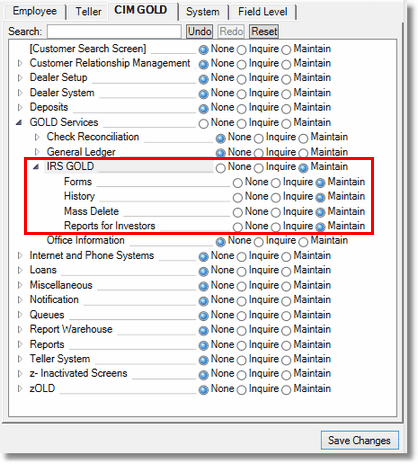 Security > Setup Screen, CIM GOLD Tab