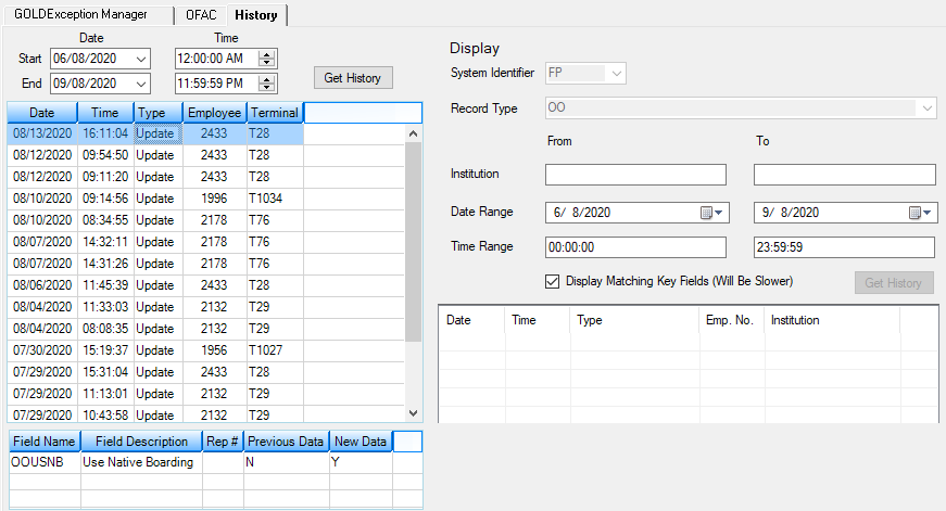 GOLD Services > Institution Options Screen > History Tab