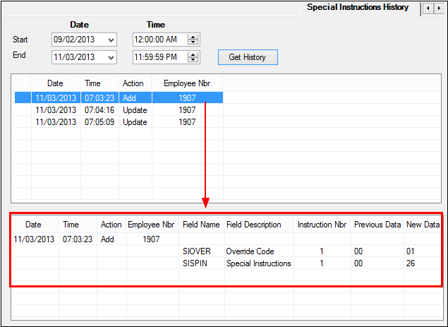 Deposits > Account Information > Restrictions & Warnings Screen, Special Instructions History Tab