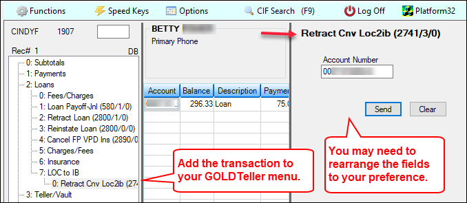 CIM GOLDTeller showing Retract Cnv Loc2Ib Transaction (tran code 2741-03)