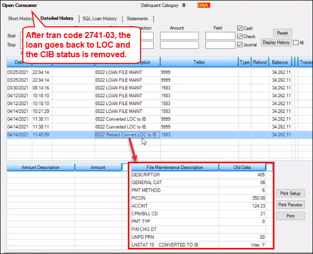 Loans > History Screen > Detailed History Tab