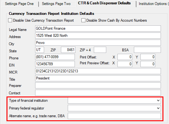 PC Institution Settings Dialog, CTR & Cash Dispenser Defaults Tab (Functions > Administrator Options > PC Institution Settings)