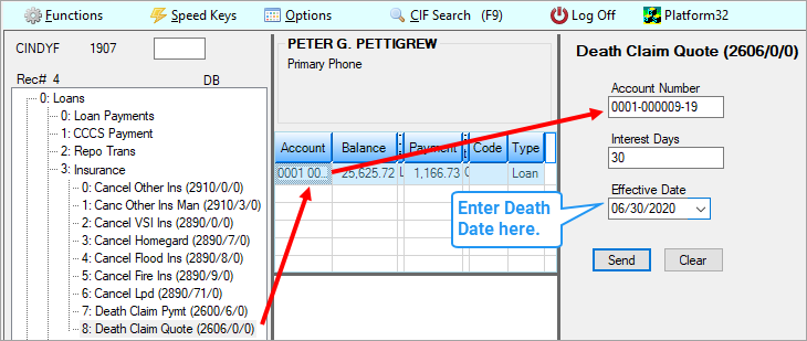 Death Claim Quote Transaction (tran code 2606-00)