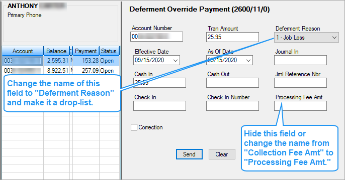 Deferment Override Payment Transaction (tran code 2600-11)