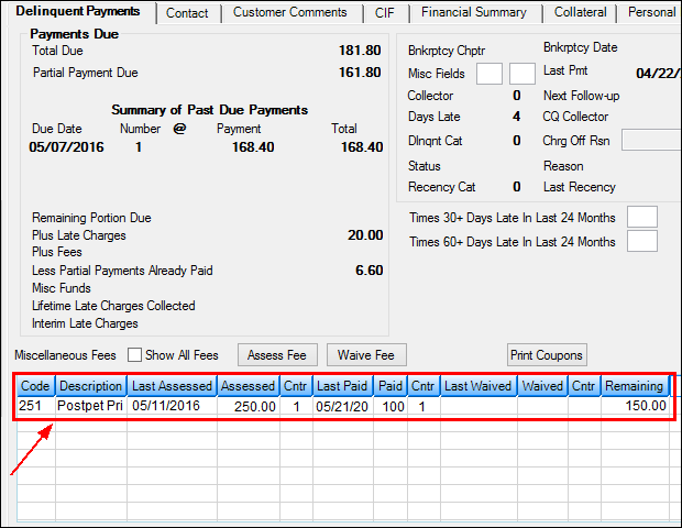 Loans > Marketing and Collections Screen > Delinquent Payments Tab