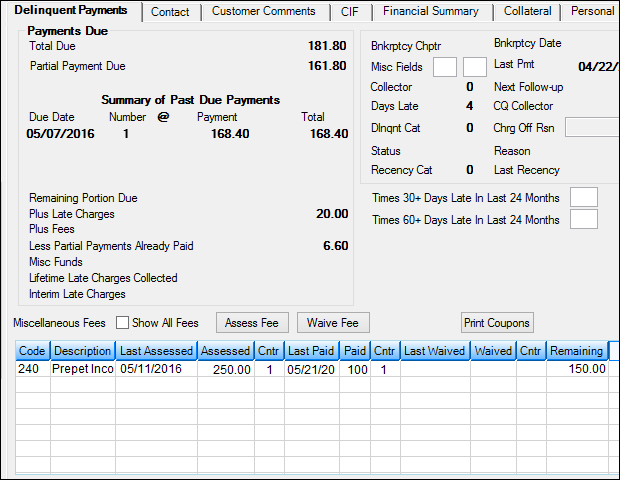 Loans > Marketing and Collections Screen > Delinquent Payments Tab