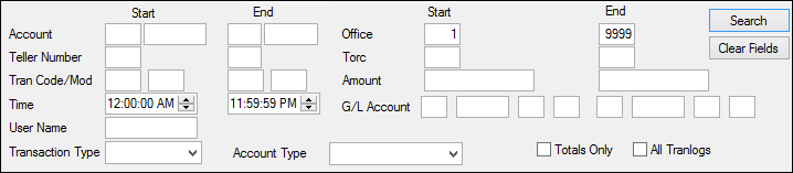 Search Fields on Electronic Transaction Journal Screen