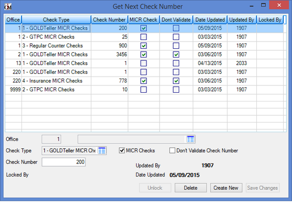 CIM GOLDTeller Functions Menu > Administrator Options > Get Next Check Number Screen