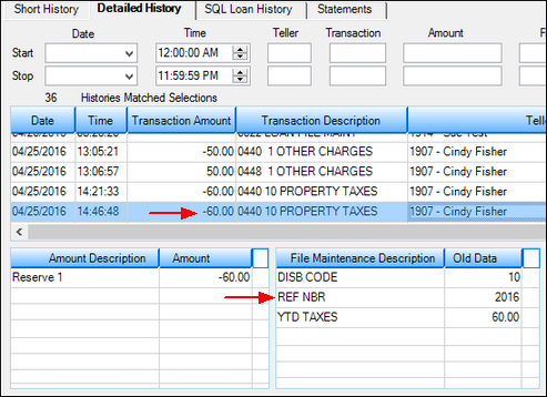 Loans > History Screen with Tran Code 440 Displayed