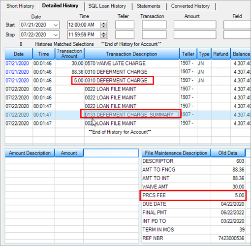 Figure 2: Loans > History Screen Showing Processing Fee for Deferment