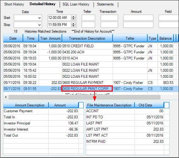 Loans > History Screen > Detailed History Tab