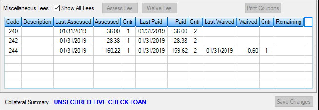 Loans > Marketing and Collections Screen > Delinquent Payments Tab, Miscellaneous Fees list view table