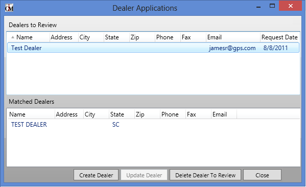 Dealer Applications Dialog