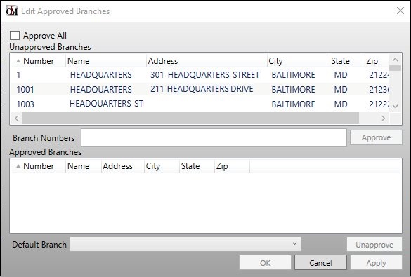 Edit Approved Branches Dialog