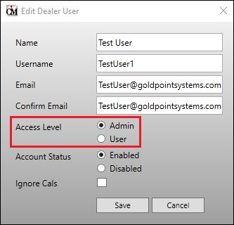 Edit Dealer User Dialog