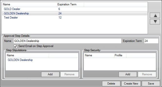 Dealer Approval Setup Screen