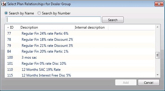 Select Plan Relationship for Dealer Group Dialog