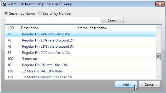 Select Plan Relationship for Dealer Dialog—Plan Selected