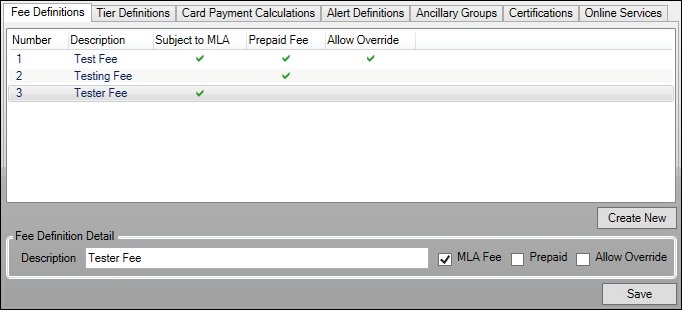 Definitions Setup Screen