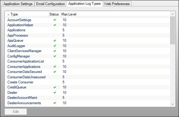 Application Log Types Tab