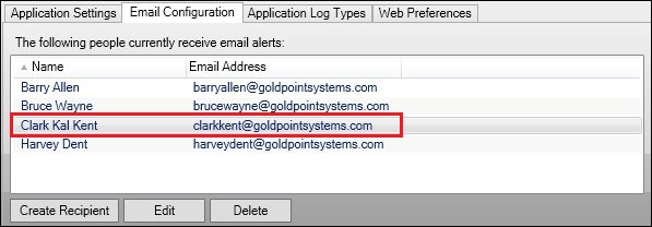 Edited Email Recipient in Email Configuration List View