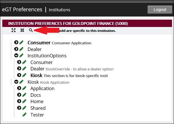 Institution Preferences Screen with Web Search Icon