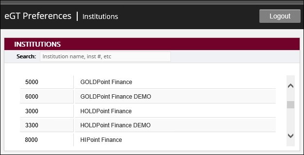 eGT Preferences > Institutions Screen