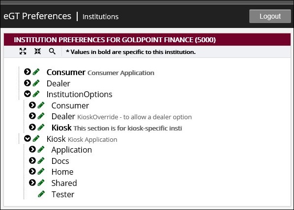 Institution Preferences Screen