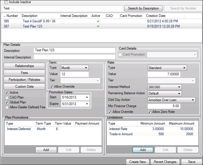 Dealer System Plans Screen