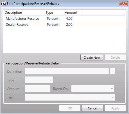 Edit Participation/Reserve/Rebates Dialog