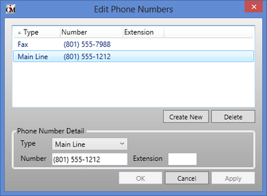 Edit Phone Numbers Dialog