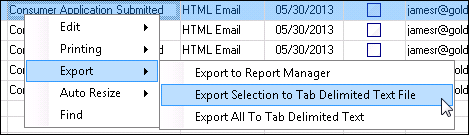 Right-click Menu with Export Selection to Tab Delimited Text File Selected