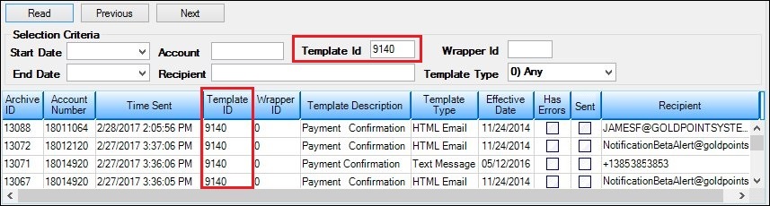 Search by Template ID Results Displayed in the Archive Manager List View