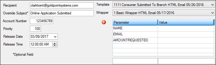 Information Entered into Manual Notification Screen Fields and Template and Wrapper Selected