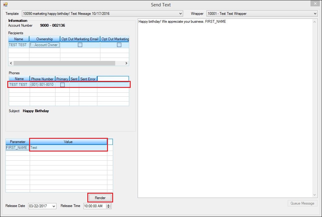 Phone Number Selected and Parameter Values Entered