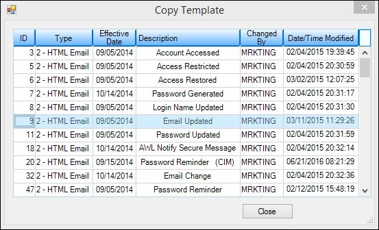 Select Template on Copy Template Dialog