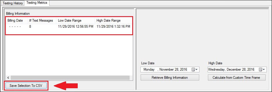 <Save Selection to CSV> Button and Data Selected in Billing Information List View