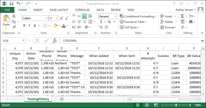 CSV File from Texting History Screen