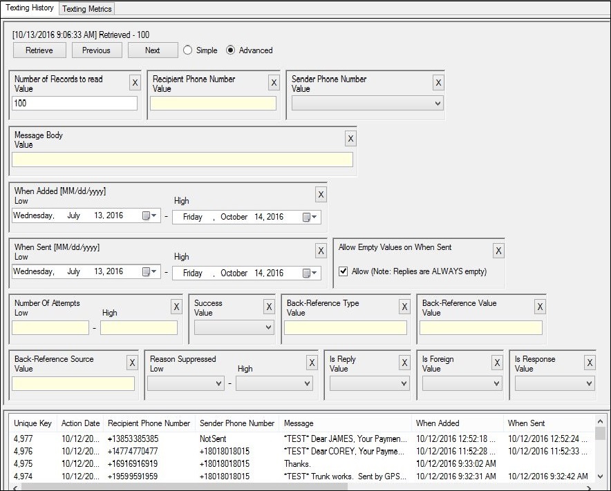 Texting History Tab with Advanced Search Parameters