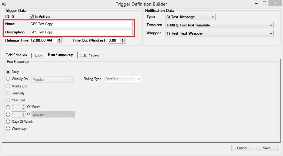 Trigger Definition Builder Dialog: Run Frequency Tab