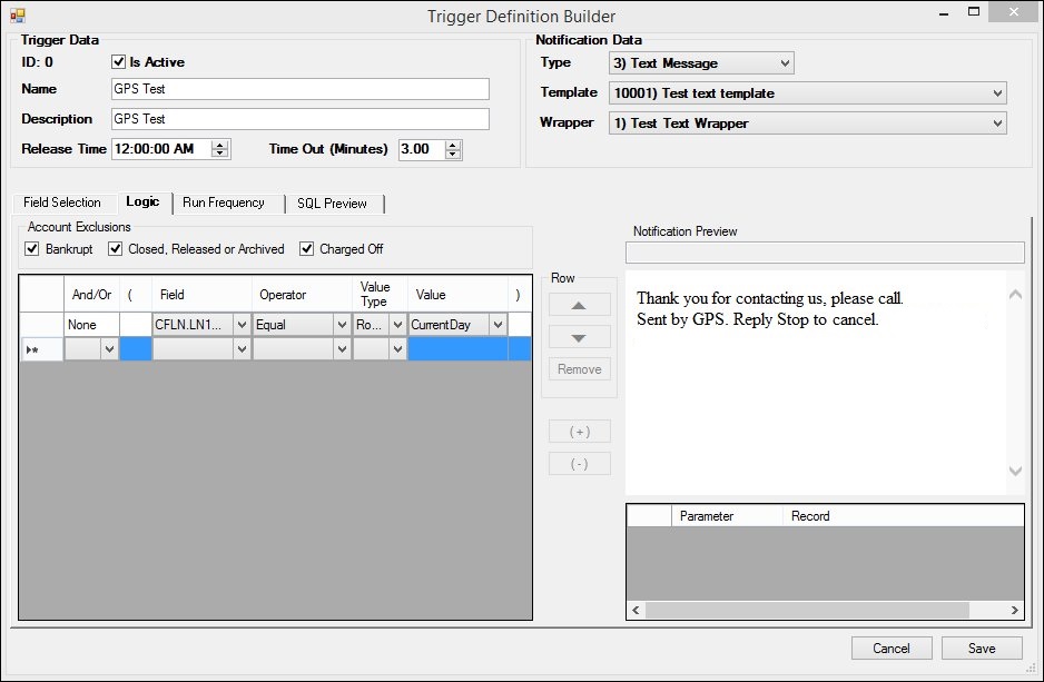 Trigger Definition Builder Dialog: Logic Tab