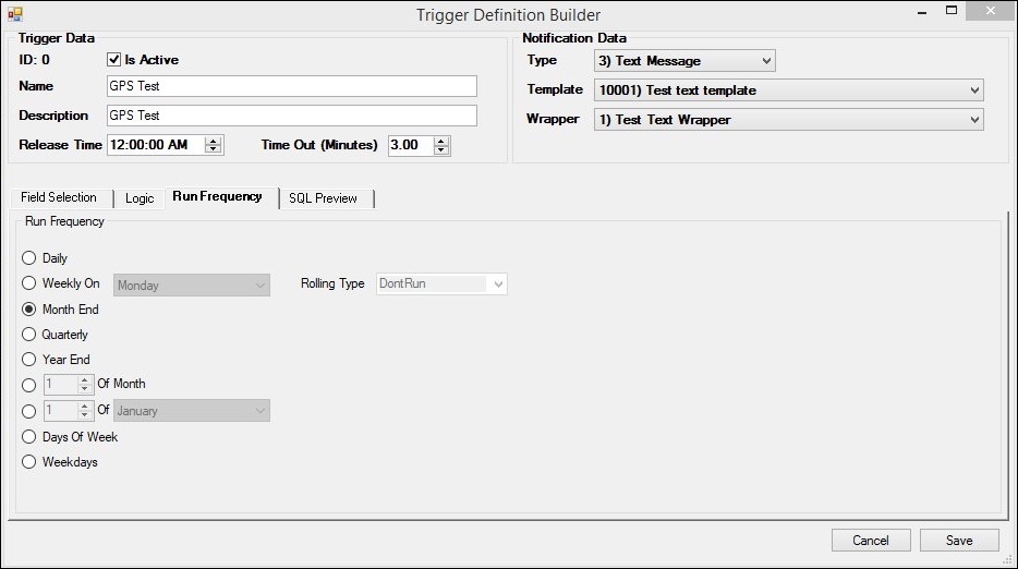 Trigger Definition Builder Dialog: Run Frequency Tab