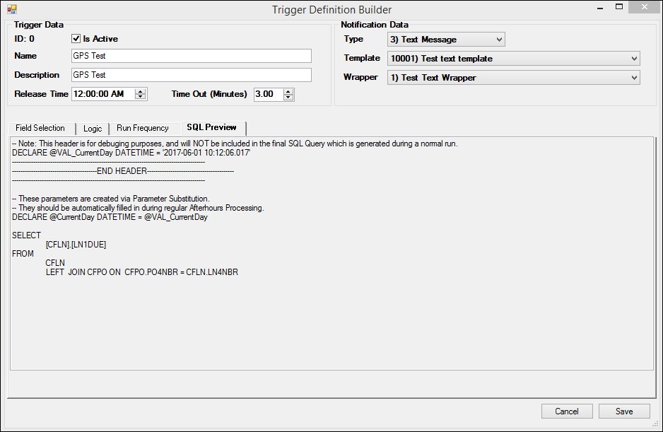 Trigger Definition Builder Dialog: SQL Preview Tab